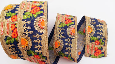 Navy Blue Art Silk Fabric Trim With Green, Orange, Red And Gold Floral Embroidery